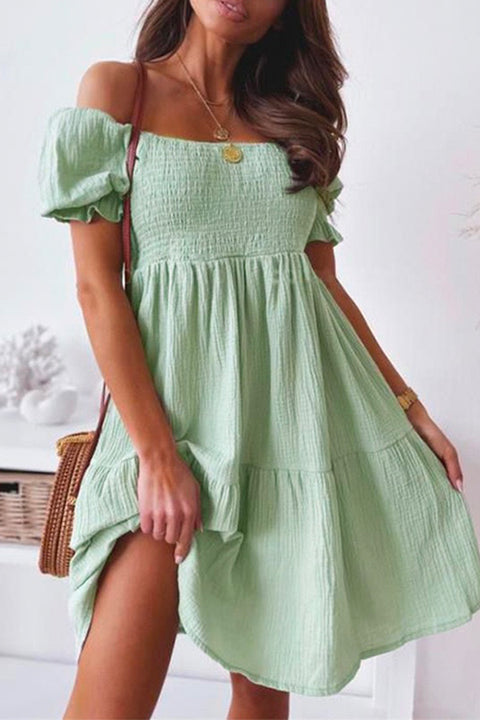 Priyavil Off Shoulder Short Sleeve Smocked Ruffle Swing Dress