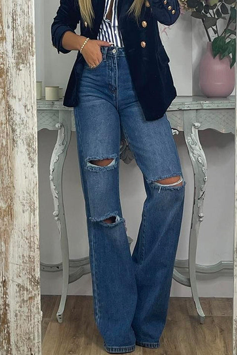 Priyavil High Rise Ripped Straight Leg Denim Pants