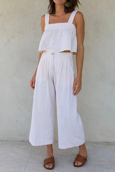 Priyavil Square Collar Crop Tank Top Wide Leg Pants Cotton Linen Set