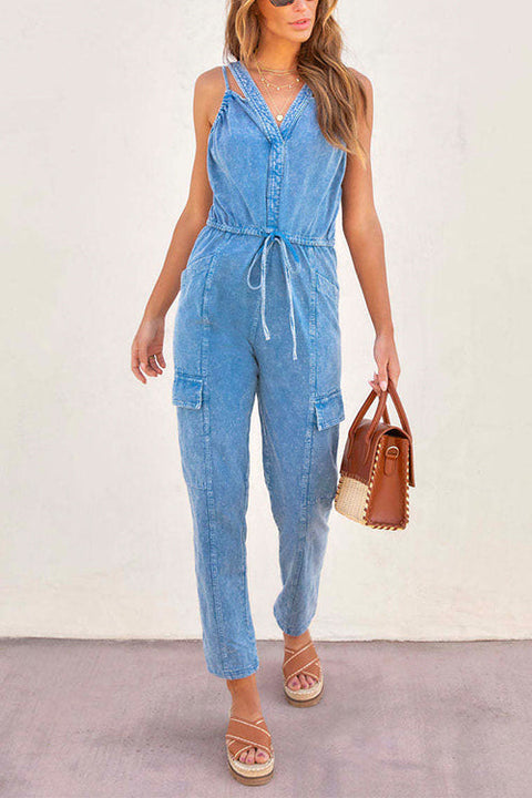 Priyavil V Neck Drawstring Waist Sleeveless Denim Overall Jumpsuit