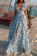 Priyavil Deep V Neck Slit Ruffle Trim Floral Maxi Vacation Dress