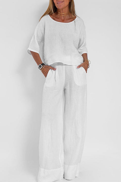 Priyavil Round Neck 3/4 Sleeves Pullovers Wide Leg Pants Cotton Linen Set