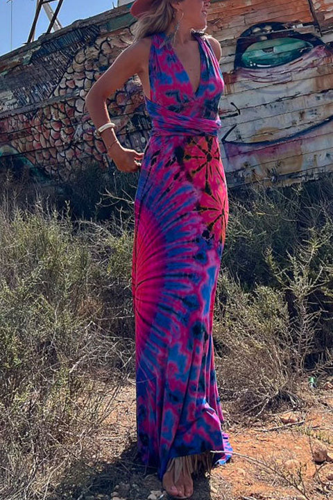 Priyavil V Neck Criss Cross Backless Tie Dye Maxi A-line Dress