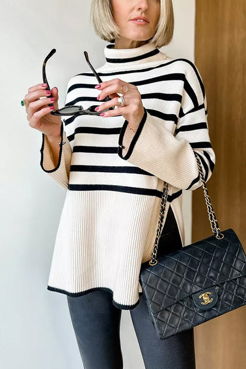 Priyavil Turtleneck Side Split Striped Sweater